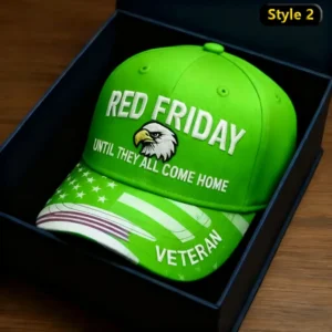 Red Friday Until They All Come Home Cap hat 4 Green patriotic cap with eagle embroidery and stylized American flag brim.