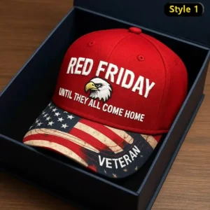 Red patriotic cap with eagle and flag design honoring veterans.