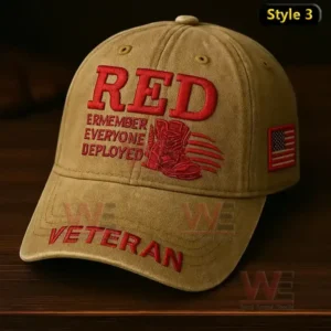 Khaki RED Veteran cap with red embroidered text and boot design honoring deployed service members!