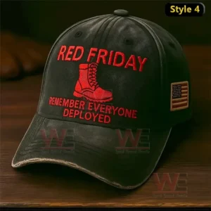 Black RED Friday cap with red embroidered text and boot graphic supporting deployed military members!