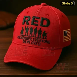 Red military support cap with soldier silhouettes and Remember Everyone Deployed embroidery!