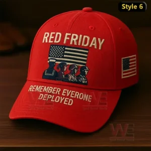 Red RED Friday cap with embroidered soldiers and American flag honoring deployed military personnel!