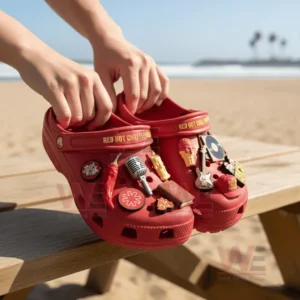 Red Hot Chili Peppers Crocs Clogs with Charms 8 Hands holding red Red Hot Chili Peppers clogs with band-style decorations at a sunny beachside location.