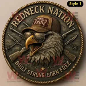 A bronze style coin with the words Redneck Nation Built Strong Born Free and an eagle in a hat and sunglasses at the center!