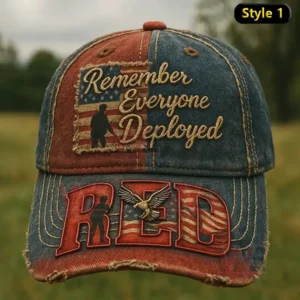 Distressed denim cap with patriotic colors soldier silhouette and raised RED lettering!