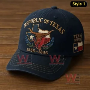 Dark blue Republic of Texas cap with longhorn embroidery and Texas pride emblem.