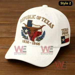 White Republic of Texas cap with longhorn and Texas flag detail.