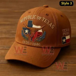 Brown Republic of Texas cap with longhorn and Texas pride patch.