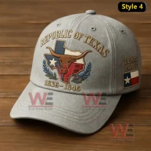 Gray Republic of Texas cap with embroidered longhorn and Texas flag.