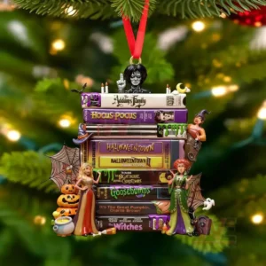 Halloween movie VHS tape ornament with characters from classic spooky films and detailed decorations hanging on a Christmas tree branch!