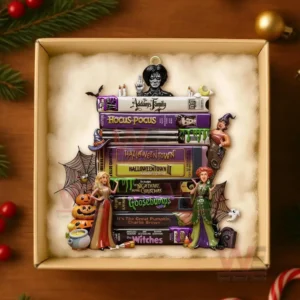 Halloween ornament shaped like stacked VHS tapes of classic scary movies with miniature witches and pumpkins displayed inside a gift box!