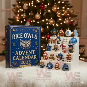 Rice Owls Advent Calendar 2025 5 A Rice Owls Advent Calendar 2025 set with miniature owl ornaments displayed beside a Christmas tree.