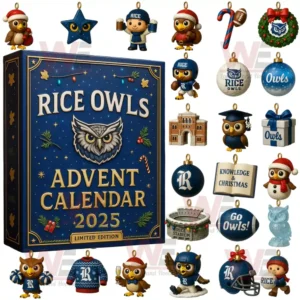 Rice Owls Advent Calendar 2025 6 A full display of the Rice Owls Advent Calendar 2025 with themed owl ornaments and festive decorations.