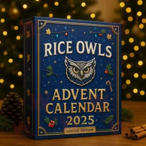 Rice Owls Advent Calendar 2025 7 A close up of the Rice Owls Advent Calendar 2025 box decorated with holiday symbols and golden accents.