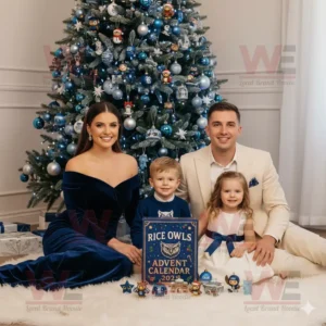 A family posing with the Rice Owls Advent Calendar 2025 in front of a blue and silver Christmas tree.
