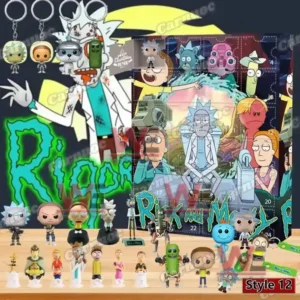 Rick and Morty Advent Calendar 15 An image of a Rick and Morty Style 12 advent calendar showing colorful character artwork and collectible mini figures arranged neatly in front of the box!