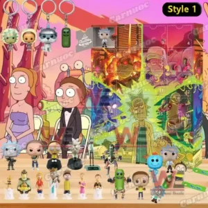 An image of a Rick and Morty Style 1 advent calendar showing multiple characters and collectible mini figures placed in front of the decorated box!