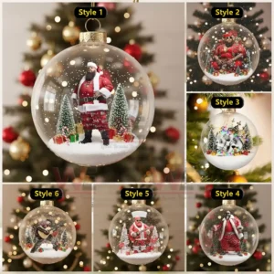 Six clear Christmas ornaments in a display box each showing a different festive character in a snowy scene.