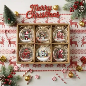 Christmas ornament with a man playing guitar in a snowy festive setting.