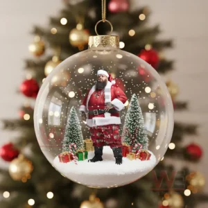 Clear Christmas ornament with a man in a red Santa outfit standing among snow trees and gifts.