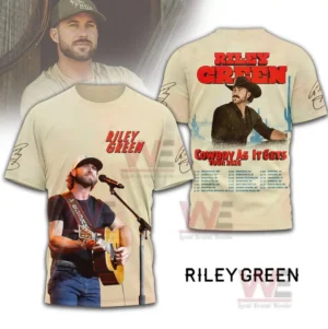 Beige concert tee displaying a musician with guitar on the front and a cowboy-themed tour schedule design on the back.