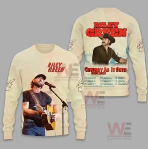 Riley Green Cowboy As It Gets Tour 2026 Shirt and Hoodie 7 Concert-themed sweater in a light tone with performance imagery on the front and bold western tour artwork on the back.