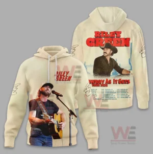 Riley Green Cowboy As It Gets Tour 2026 Shirt and Hoodie 8 Cream hoodie with full-front graphic and a colorful western tour schedule design on the back.