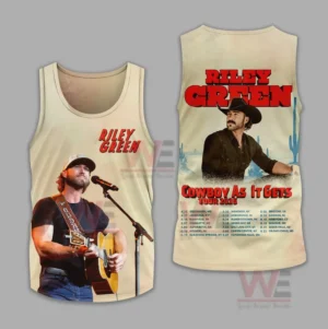 Riley Green Cowboy As It Gets Tour 2026 Shirt and Hoodie 9 Beige concert tank with front performance imagery and a vibrant cowboy tour schedule graphic on the back.