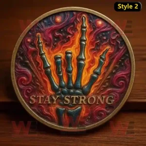 Stay Strong coin with flaming skeleton hand colorful swirling background and engraved motivational message.