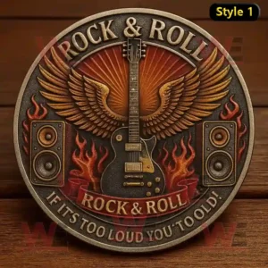 Rock and Roll coin with winged guitar speakers fire background and bold engraved rock motto.
