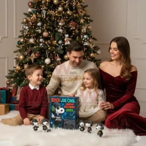 A family of four sitting on a white rug in front of a Christmas tree opening the Rock Joe Cool Advent Calendar 2025 box surrounded by Snoopy figures dressed in rock clothing!