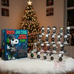 Rock Joe Cool Snoopy Advent Calendar 2025 4 A Rock Joe Cool Advent Calendar 2025 box displayed with multiple Snoopy figures in rock themed clothing in front of a Christmas tree full of lights!