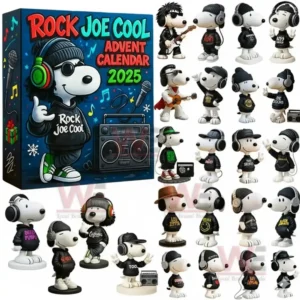 Rock Joe Cool Snoopy Advent Calendar 2025 5 A Rock Joe Cool Advent Calendar 2025 box with various Snoopy figures wearing rock inspired clothing and accessories arranged beside it!
