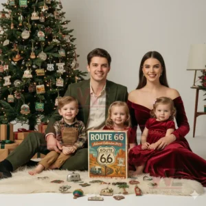 Family celebrating Christmas with Route 66 Advent Calendar 2025 by a decorated tree!