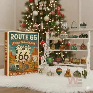 Close up of Route 66 Advent Calendar 2025 and themed ornaments in front of Christmas tree!