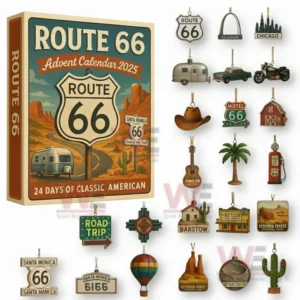 Complete Route 66 Advent Calendar 2025 set with 24 themed ornaments!