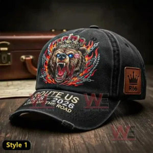 Black cap with embroidered roaring bear crown flames and Route US centennial text!
