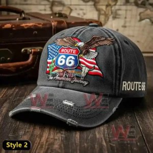 Cap with Route 66 shield eagle American flags and journey themed text!