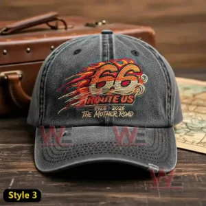 Cap with flaming Route 66 emblem centennial dates and The Mother Road text!