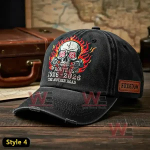 Black cap with flaming skull pistons Route 66 symbols and The Mother Road text!