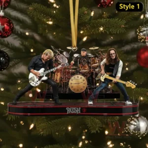 Alt text: Rush band members performing live on a Christmas ornament, featuring Alex Lifeson, Neil Peart, and Geddy Lee.