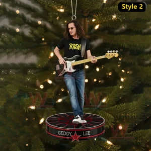 Rush Band Christmas Ornament 5 Alt text: Geddy Lee playing bass guitar on a Christmas ornament, wearing a