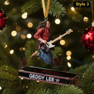 Rush Band Christmas Ornament 6 Alt text: Geddy Lee leaping with bass guitar on a Christmas ornament, surrounded by Christmas tree lights and decorations.