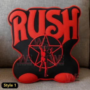 Plush pillow with red Rush text and a red outlined figure inside a star on a black background!