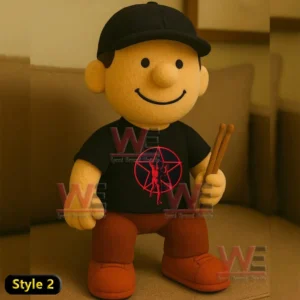 Plush figure with black shirt red star man emblem and drumsticks!