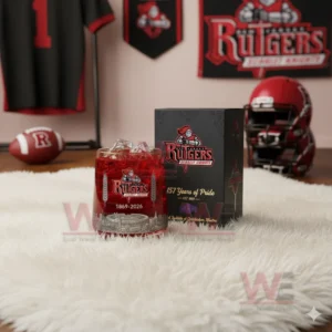 Rutgers Scarlet Knights anniversary glass with ice on a white rug in a sports decorated room!
