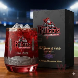 Rutgers Scarlet Knights anniversary glass with ice beside a themed box against a lit stadium background!