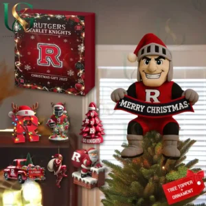 Rutgers Scarlet Knights Christmas tree topper and various ornaments including a mascot, truck, football players, and mini trees!