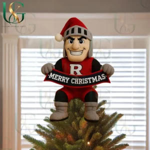 Rutgers Scarlet Knights mascot as a Christmas tree topper holding a Merry Christmas banner atop a decorated Christmas tree!