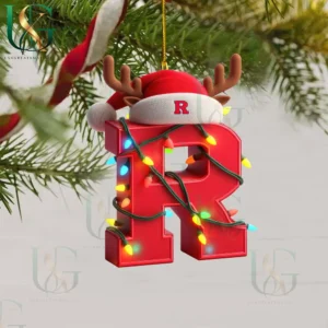 Rutgers Scarlet Knights ornament shaped like the letter R with Christmas lights, a Santa hat, and antlers hanging from a tree!